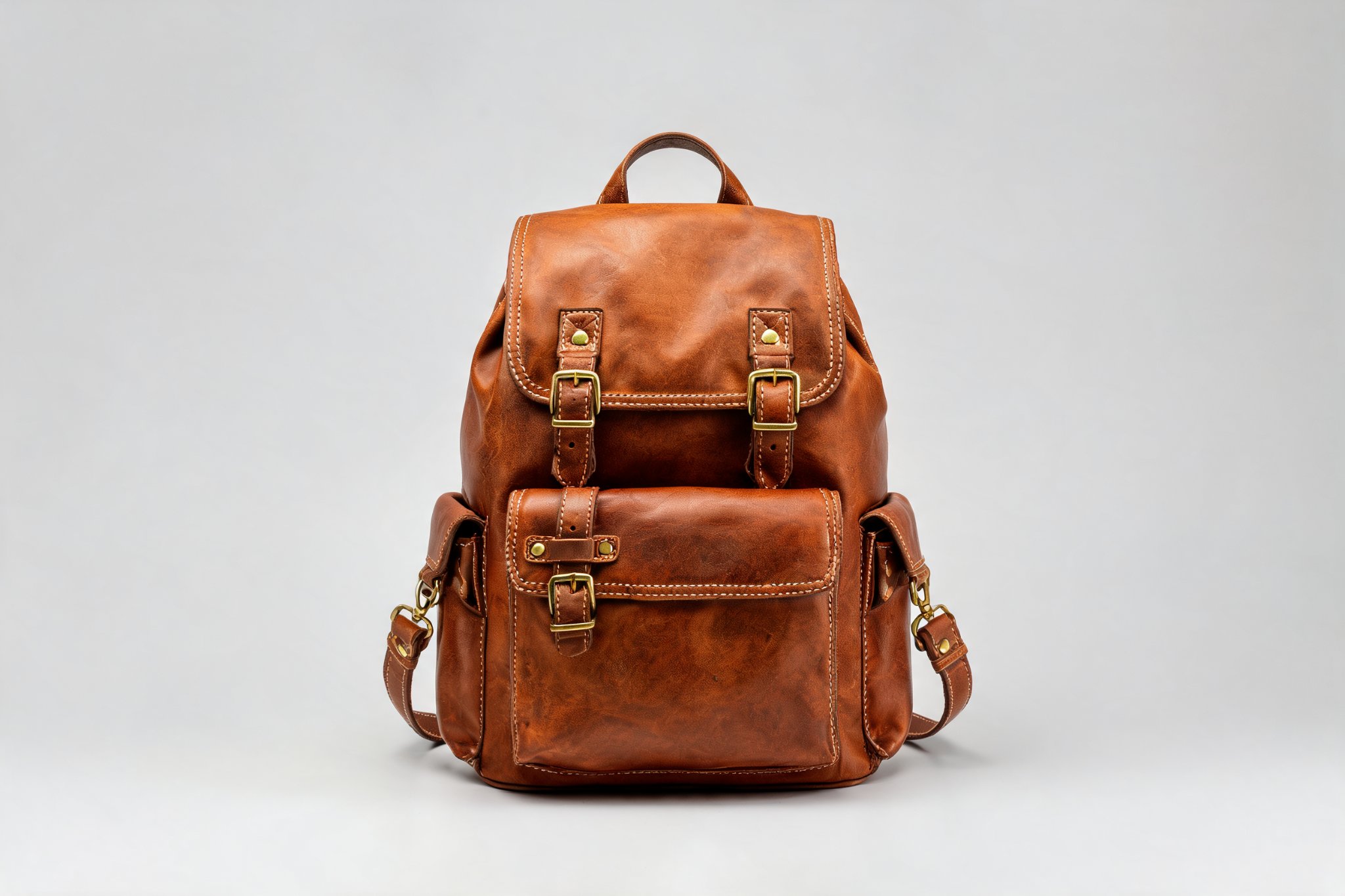 The same leather backpack against a light background before removal