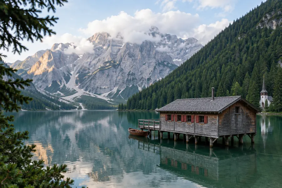 Alpine lake with a wooden boathouse on stilts (generated from the prompt)