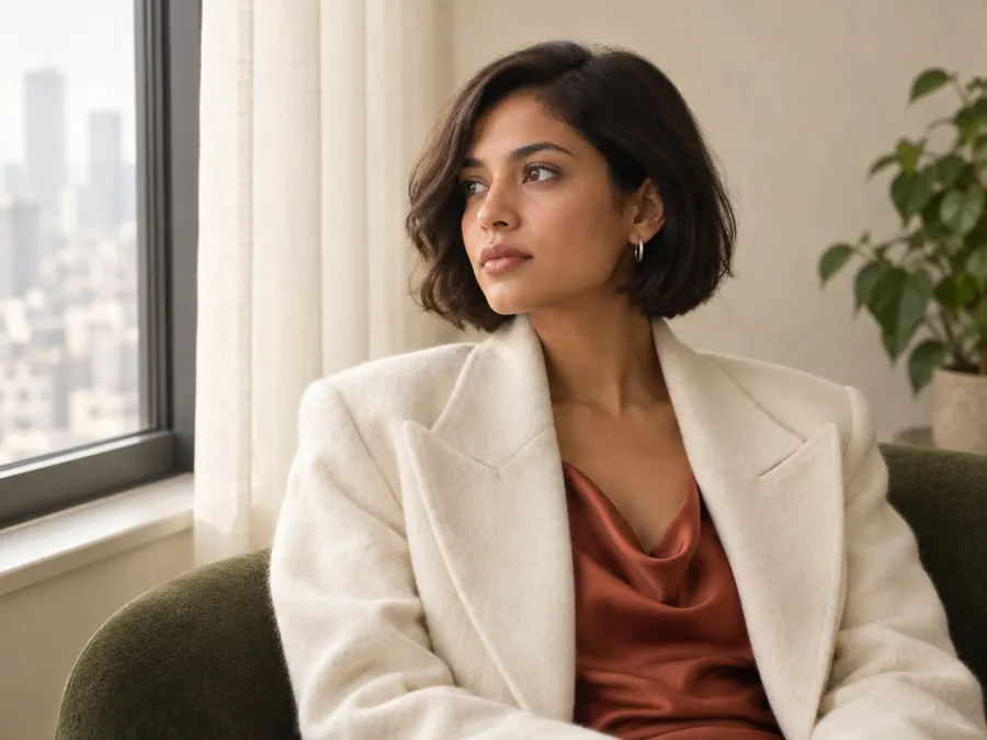 Woman in a cream blazer seated by a window (generated from the prompt)
