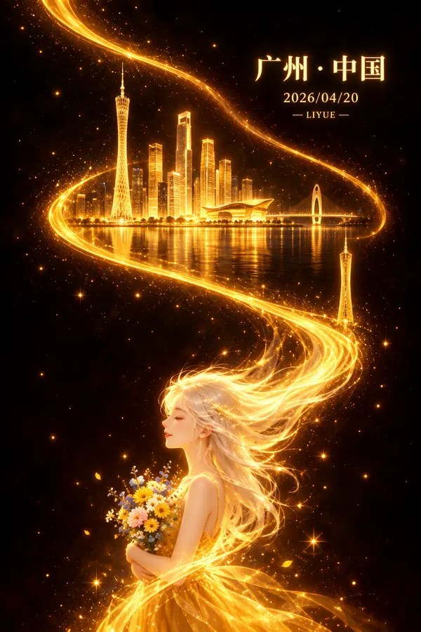 Guangzhou city poster with a golden light ribbon (generated from the prompt)