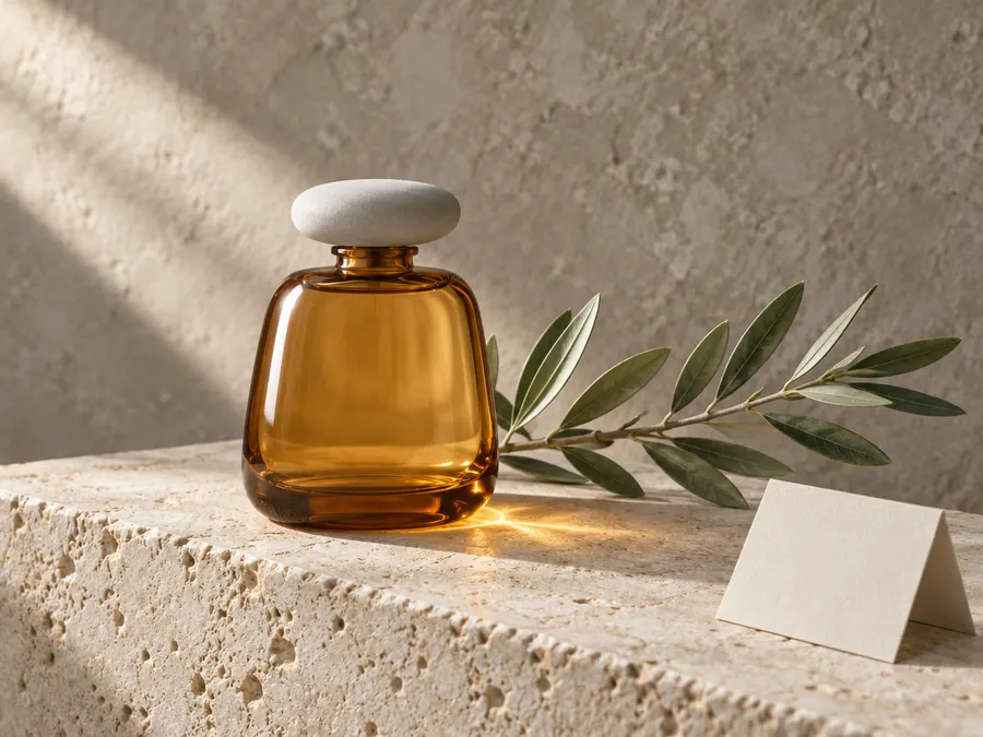 Amber perfume bottle on a limestone block with an olive branch (generated from the prompt)